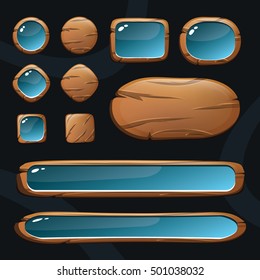 Set of wooden buttons with glossy elements for game or design. Gui elements. Vector illustration
