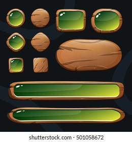 Set of wooden buttons with glossy elements for game or design. Gui elements. Vector illustration