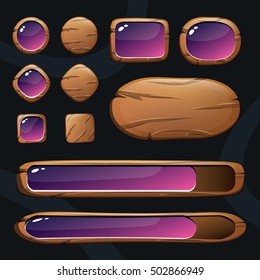 Set of wooden buttons with glossy elements for game or design. Gui elements. Vector illustration