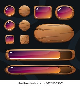 Set of wooden buttons with glossy elements for game or design. Gui elements. Vector illustration