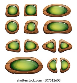 Set of wooden buttons with glossy elements for game or design. Gui elements. Vector illustration