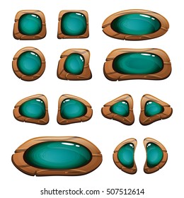 Set of wooden buttons with glossy elements for game or design. Gui elements. Vector illustration
