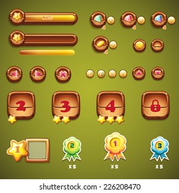 Set of wooden buttons, progress bars, and other elements for web design and user interface of computer games