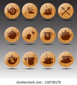 Set of wooden buttons. Tea theme. Vector