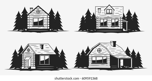 Set of wooden cabin and ecological house icons and design elements