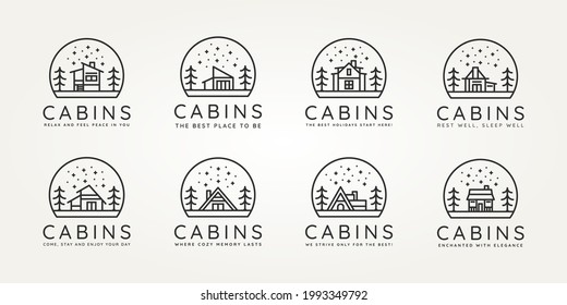 set of wooden cabin minimalist minimalist line art icon logo template vector design illustration. simple modern estate, lodge, hut emblem logo concept