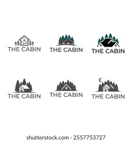 Set of Wooden cabin and pine forest logo design isolated white background