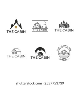 Set of Wooden cabin and pine forest logo design isolated white background