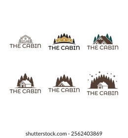 Set of Wooden cabin and pine forest logo design isolated white background