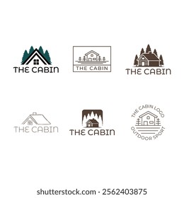 Set of Wooden cabin and pine forest logo design isolated white background