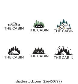 Set of Wooden cabin and pine forest logo design isolated white background