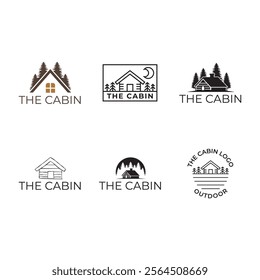 Set of Wooden cabin and pine forest logo design isolated white background