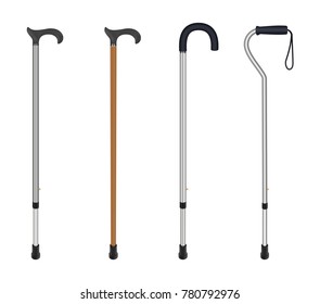 ?ane set. Wooden cane and aluminum telescopic canes with elegant handle, ergonomic handle and curved handle with  loop. Isolated objects on white background. Medicine and health. Vector illustration