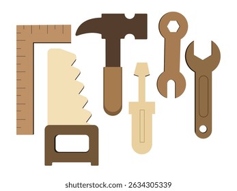 Set of wooden carpentry tools including hammer, saw, ruler, screwdriver, and wrench