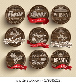 Set of wooden casks with alcohol drinks emblems - vector illustration. 