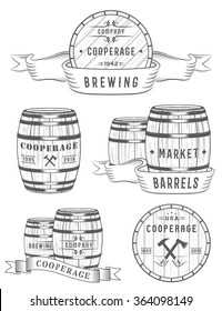 Set of wooden casks with alcohol drinks badges and cooperage logo. Collection of vintage logo template for beer house, bar, pub, brewing company, brewery, tavern, restaurant, winery, whiskey market.