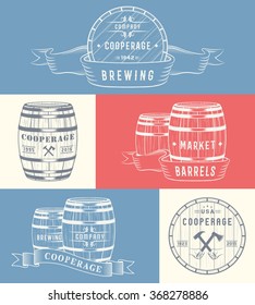 Set of wooden casks with alcohol drinks badges and cooperage logo. Collection of vintage logo template for beer house, bar, pub, brewing company, brewery, tavern, restaurant, winery, whiskey market.