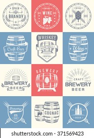 Set of wooden casks with alcohol drinks emblems and labels. Set of vintage logo, badge, template with wooden barrels for beer house, bar, pub, wine and whiskey market, brewery, restaurant and winery.