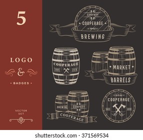 Set of wooden casks with alcohol drinks badges and cooperage logo. Collection of vintage logo template for beer house, bar, pub, brewing company, brewery, tavern, restaurant, winery, whiskey market.