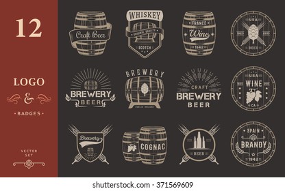 Set of wooden casks with alcohol drinks emblems and labels. Set of vintage logo, badge, template with wooden barrels for beer house, bar, pub, wine and whiskey market, brewery, restaurant and winery.