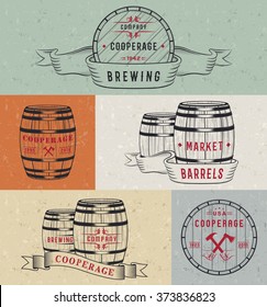 Set of wooden casks with alcohol drinks badges and cooperage logo. Collection of vintage logo template for beer house, bar, pub, brewing company, brewery, tavern, restaurant, winery, whiskey market.