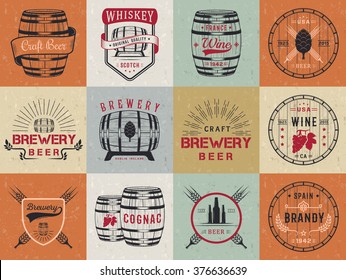 Set of wooden casks with alcohol drinks emblems and labels. Set of vintage logo, badge, template with wooden barrels for beer house, bar, pub, wine and whiskey market, brewery, restaurant and winery.