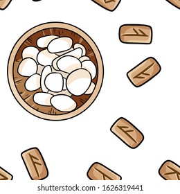 Set of wooden celtic runes and bowl with pebble seamless pattern. Wallpaper of carved runic symbols on wood and sea stones. Vector illustration of celtic glyphs boho background tile