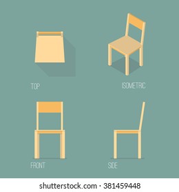 Set of wooden chair isometric drawing. Flat style