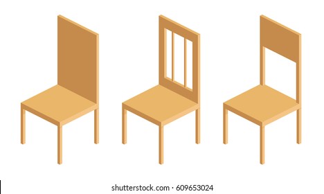 set of wooden chairs with backrest in isometric vector illustration isolated elements on white background.