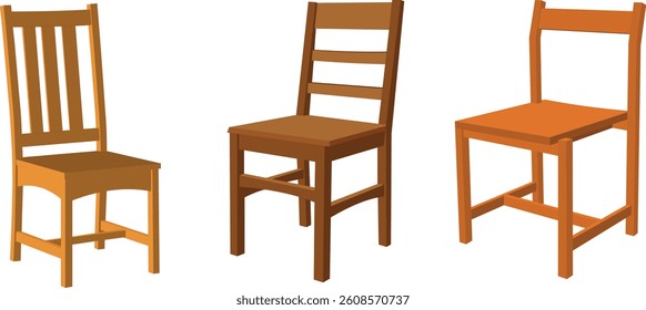 Set of wooden chairs isolated on white background. Vector illustration of vintage wooden simple chairs collection