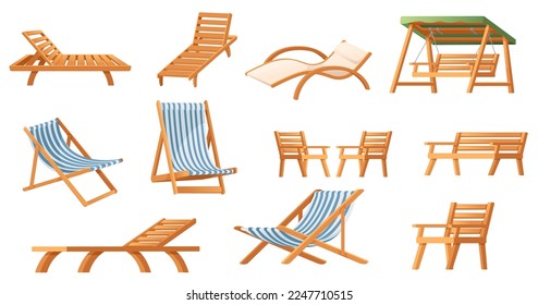 Conjunto de cristaleras de madera salón de verano mobiliario de playa ilustración vectorial aislada en fondo blanco