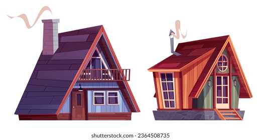 Set of wooden chalet houses isolated on white background. Vector cartoon illustration of small huts with mansard roofs, porch and windows, chimney with smoke, winter ski resort design elements