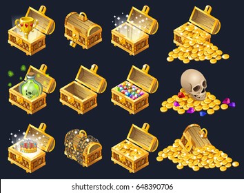 Set of wooden chests with coins for the game. Isolated vector cartoon illustration.