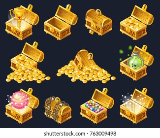 Set of wooden chests with coins for the game ui. Isolated vector cartoon illustration.