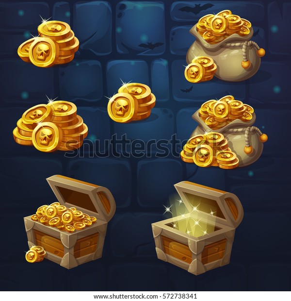Set of wooden chests with coins for the game UI.\
Vector cartoon illustration of a bunch of mountains of gold coins\
on the background of dark brick. Full, empty chest, bag with\
coins.