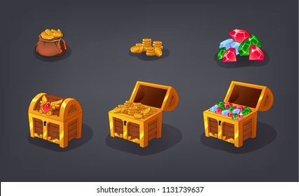 Set of wooden chests with coins and gems for the game UI. Bag with coins. Isolated vector cartoon illustration. 