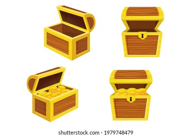 Juego de cofres de madera vacíos y con monedas de piratas doradas al estilo de las caricaturas aisladas en fondo blanco. Activos de juego de Ui. Caja del tesoro retro, concepto de trofeo.