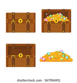 Set of wooden chests on white background: closed chest, empty chest, chest with golden coins and gemstones