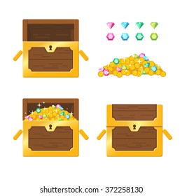 Set of wooden chests on white background: closed chest, empty chest, chest with golden coins and gemstones. 