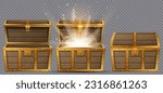 Set of wooden chests with open and closed lid, full of shining golden coins. Vector illustration. Eps 10.