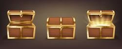 Set Of Wooden Chests With Open And Closed Lid, Full Of Shining Golden Coins And Empty. Pirate Treasure, 3d Vintage Coffers Collection Isolated On Dark Background. Realistic Vector Illustration