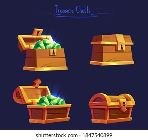 Set of wooden chests, open and closed with precious stones. Cartoon on a dark background