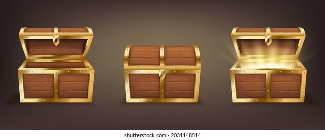 Set of wooden chests with open and closed lid, full of shining golden coins and empty. Pirate treasure, 3d vintage coffers collection isolated on dark background. Realistic vector illustration
