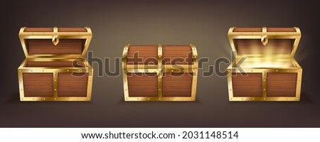 Set of wooden chests with open and closed lid, full of shining golden coins and empty. Pirate treasure, 3d vintage coffers collection isolated on dark background. Realistic vector illustration