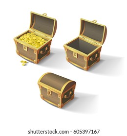 Set of wooden chests. Open empty chest, full of gold chest and closed with lock chest. Vector illustration of cartoon treasure chests.