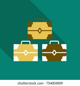 Set of wooden chests. Open empty chest, full of gold chest and closed with lock chest. Vector illustration of cartoon treasure chests.