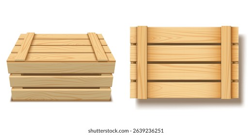 Set of wooden closed boxes in top and side views. Realistic container for storing and transporting food. For mockups or decorative elements. Delivery theme. Vector illustration.