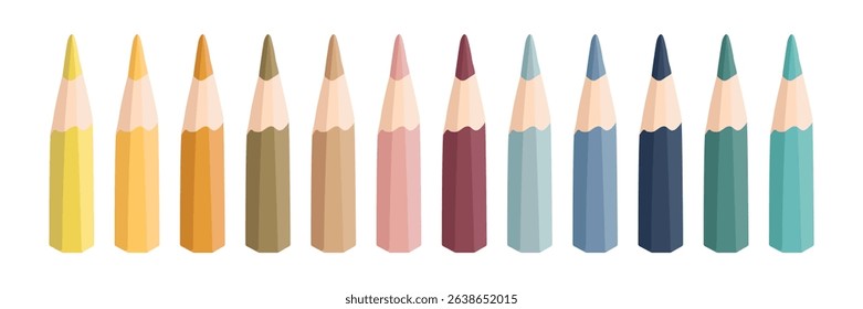Set of wooden colored pencils on white background. Vector illustration with playful and creative design. For educational materials, projects, banners and Back to school theme.
