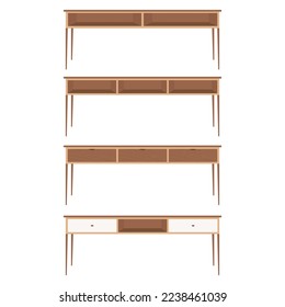 Set of wooden computer desk, working table, pc desk vector in flat design style