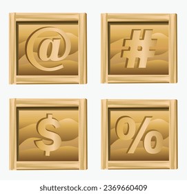 Set of wooden computer signs. Keyboard characters. Vector illustration